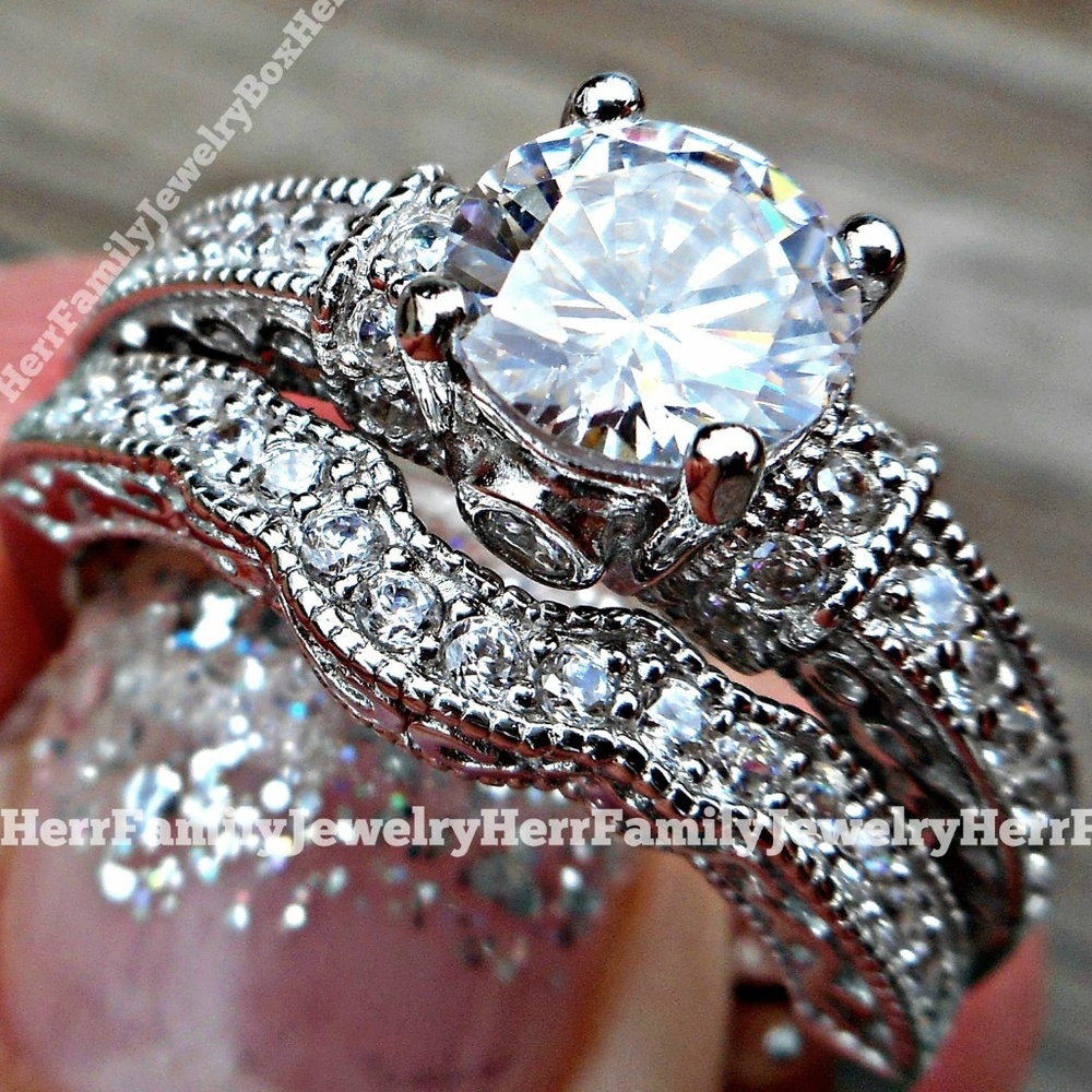 Sterling Silver Engagement Ring Wedding Set size 7
